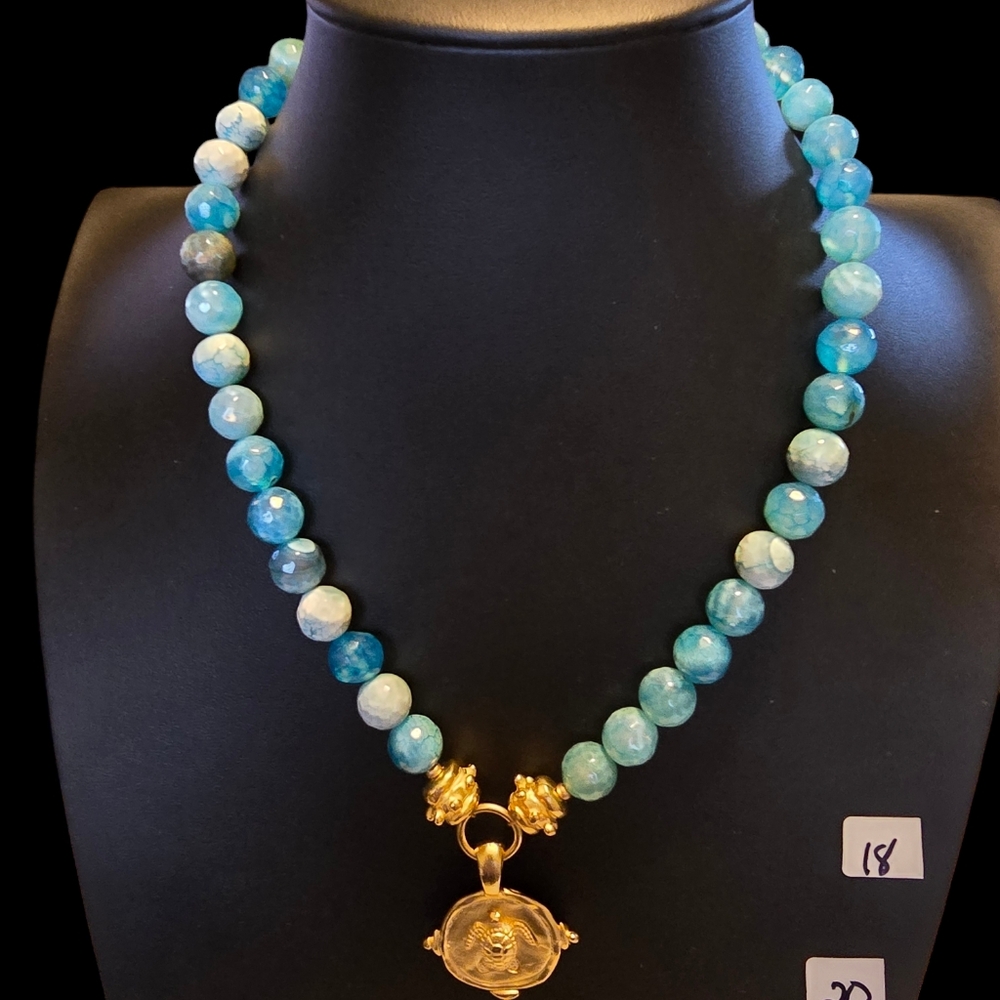 Gold Turtle on Aqua Fire Agate Necklace